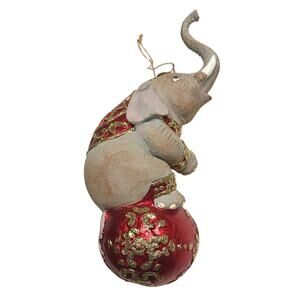 Rare Vintage Mark Robert’s Circus Elephant On Ball Ornament Red w/Gold Glitter